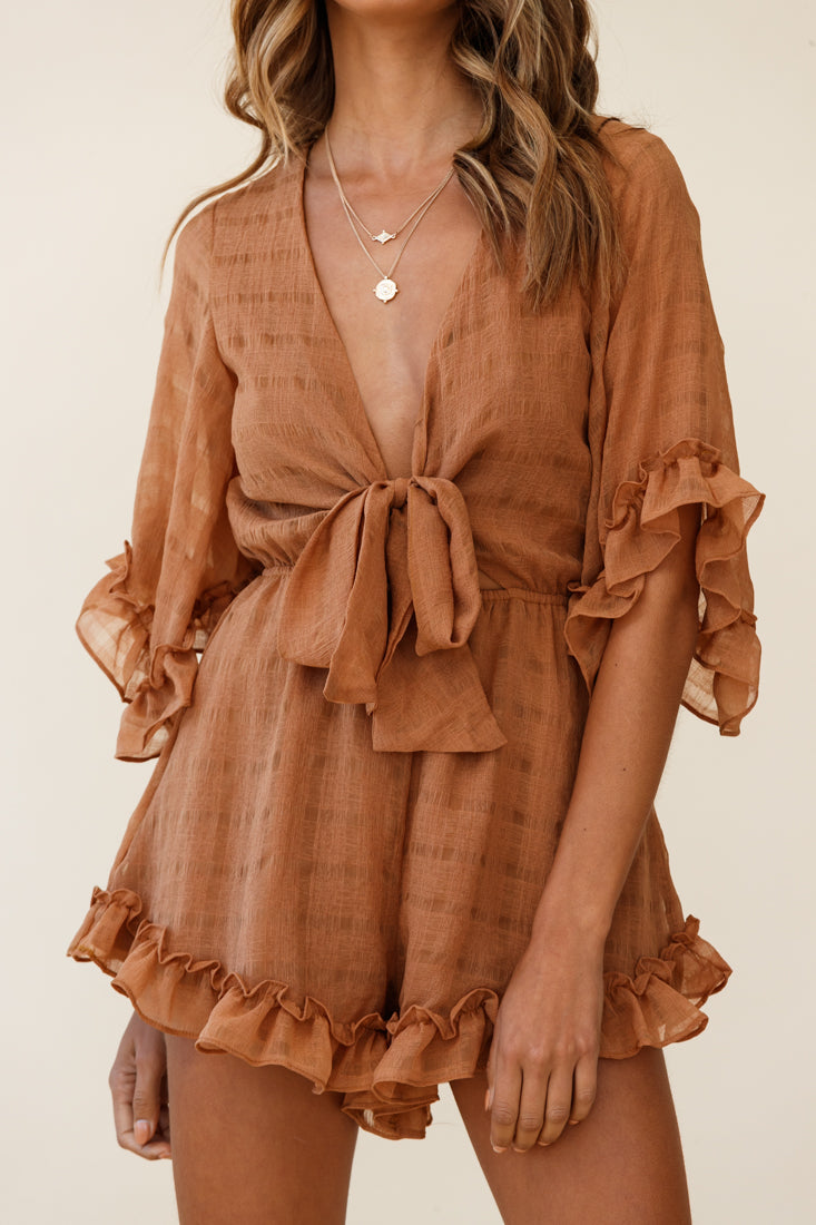 Athira Tied Bust Flared Sleeve Frill Romper Tan by Selfie Leslie