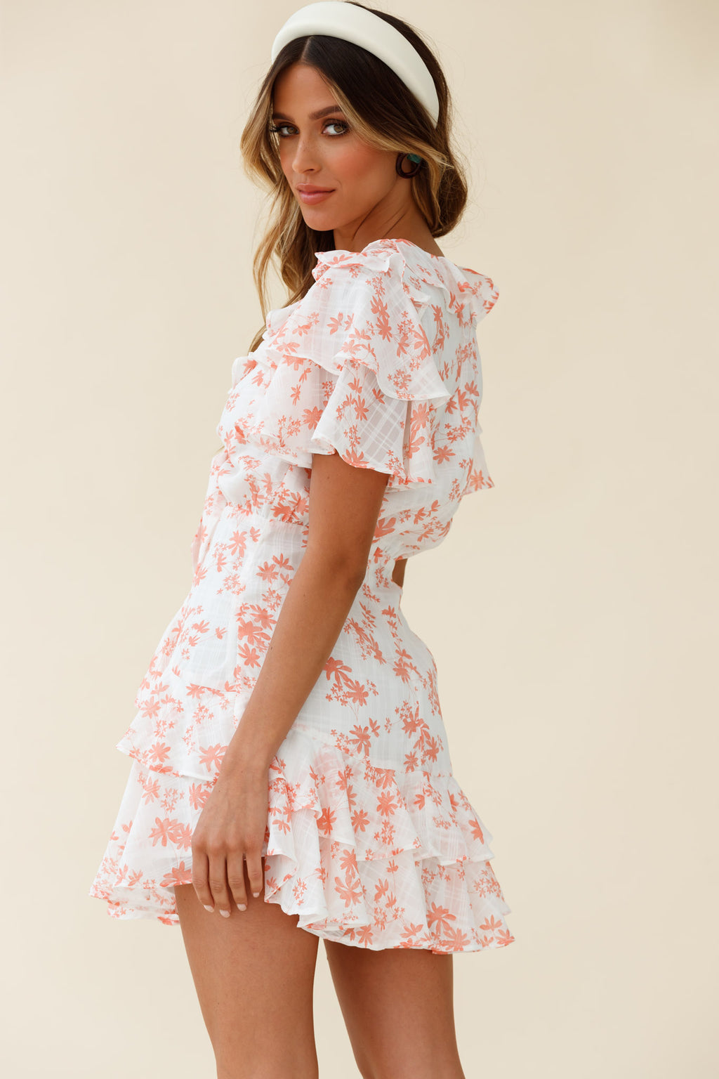 Aubrey Tied Bust Ruffle Trim Dress Floral Print Pink by Selfie Leslie