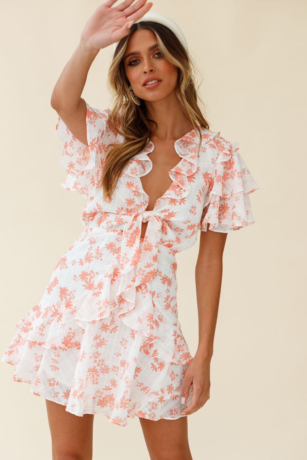 Aubrey Tied Bust Ruffle Trim Dress Floral Print Pink by Selfie Leslie