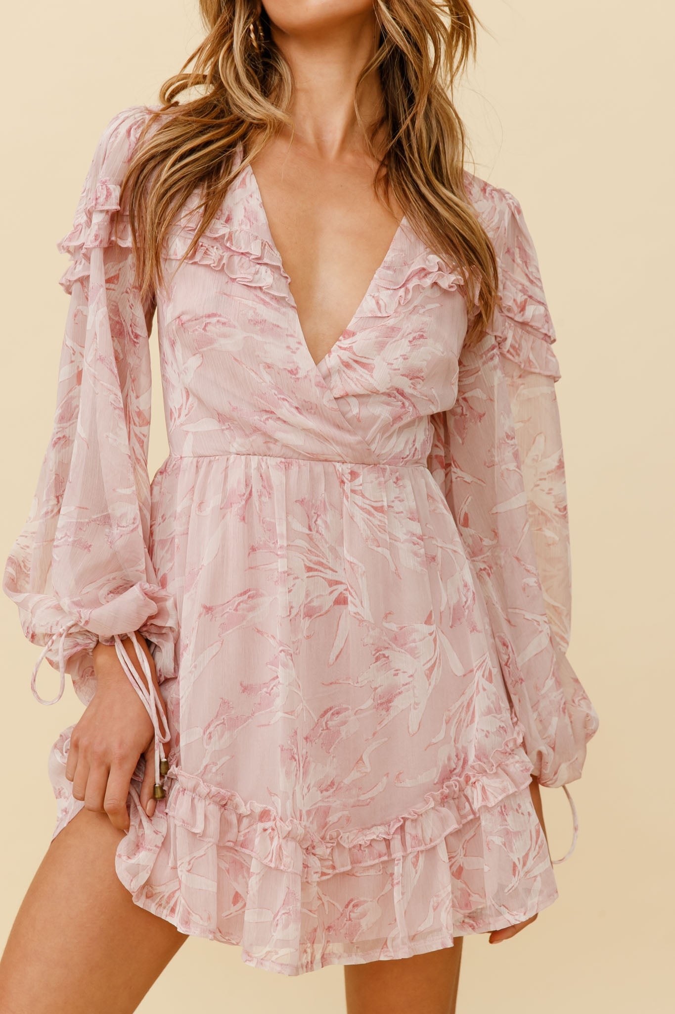 Katelyn Long Balloon Sleeve Frill Accent Dress Floral Print Pink by Selfie Leslie