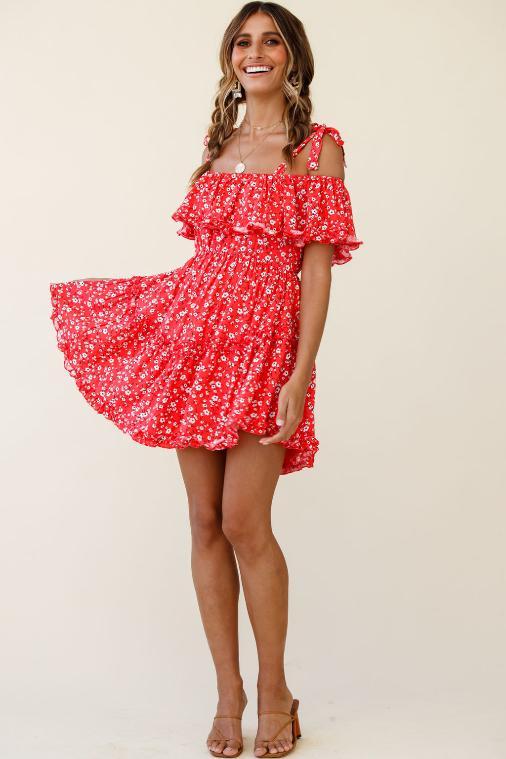 Hacienda Bardot Neckline Frill Dress Floral Print Red by Selfie Leslie