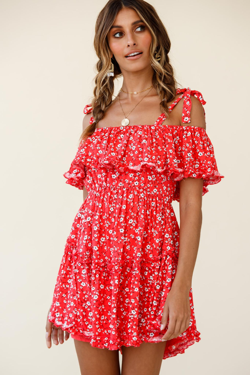 Hacienda Bardot Neckline Frill Dress Floral Print Red by Selfie Leslie