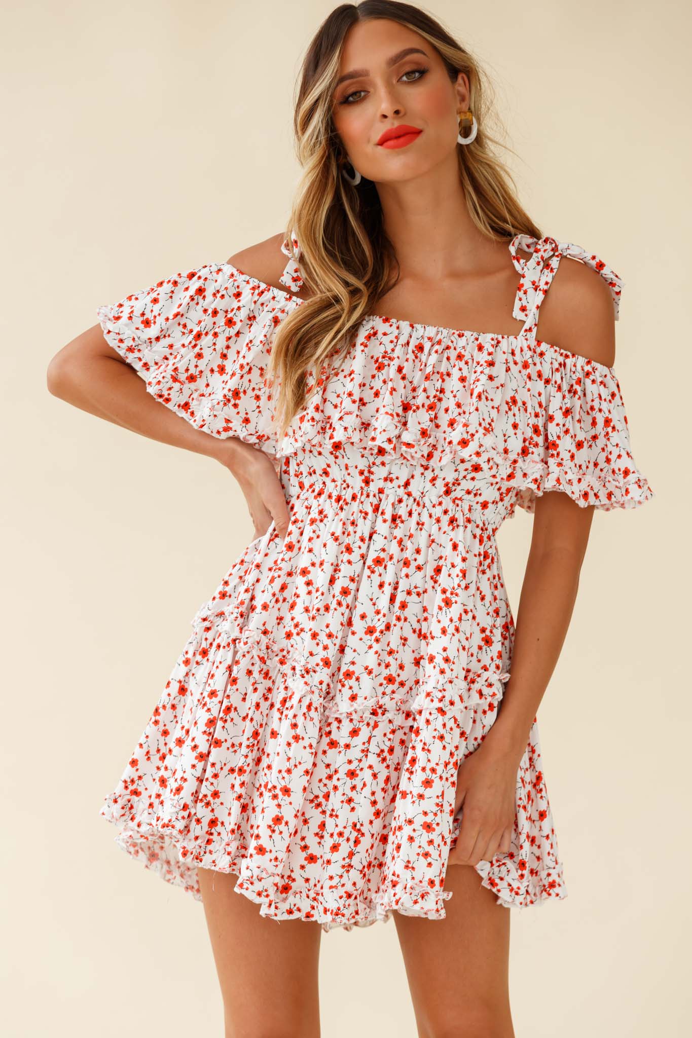 Hacienda Bardot Neckline Frill Dress Floral Print White by Selfie Leslie