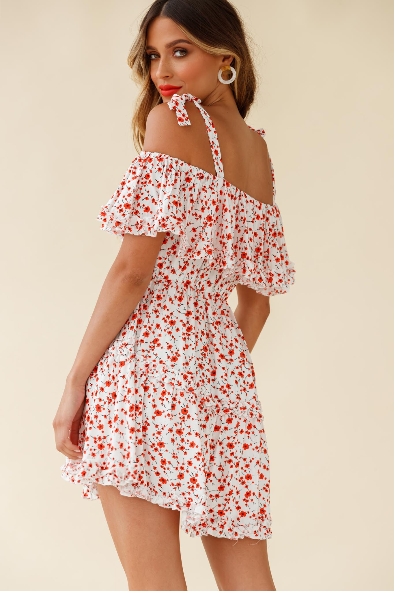 Hacienda Bardot Neckline Frill Dress Floral Print White by Selfie Leslie