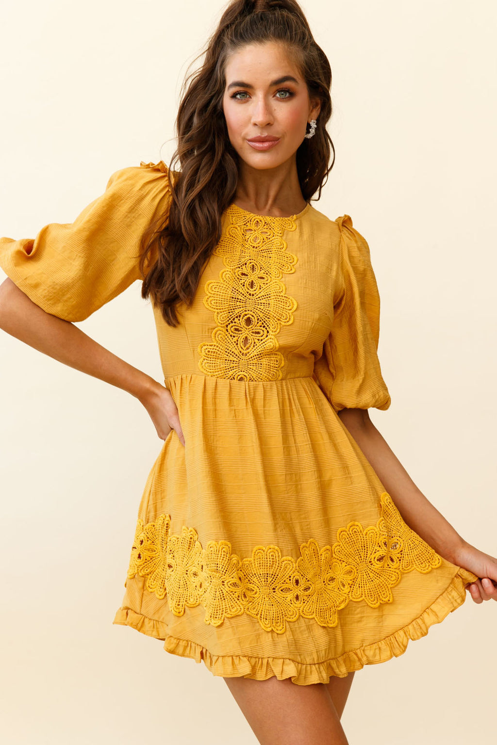 Sunday Morning Applique Embellished Open Back Dress Yellow by Selfie Leslie