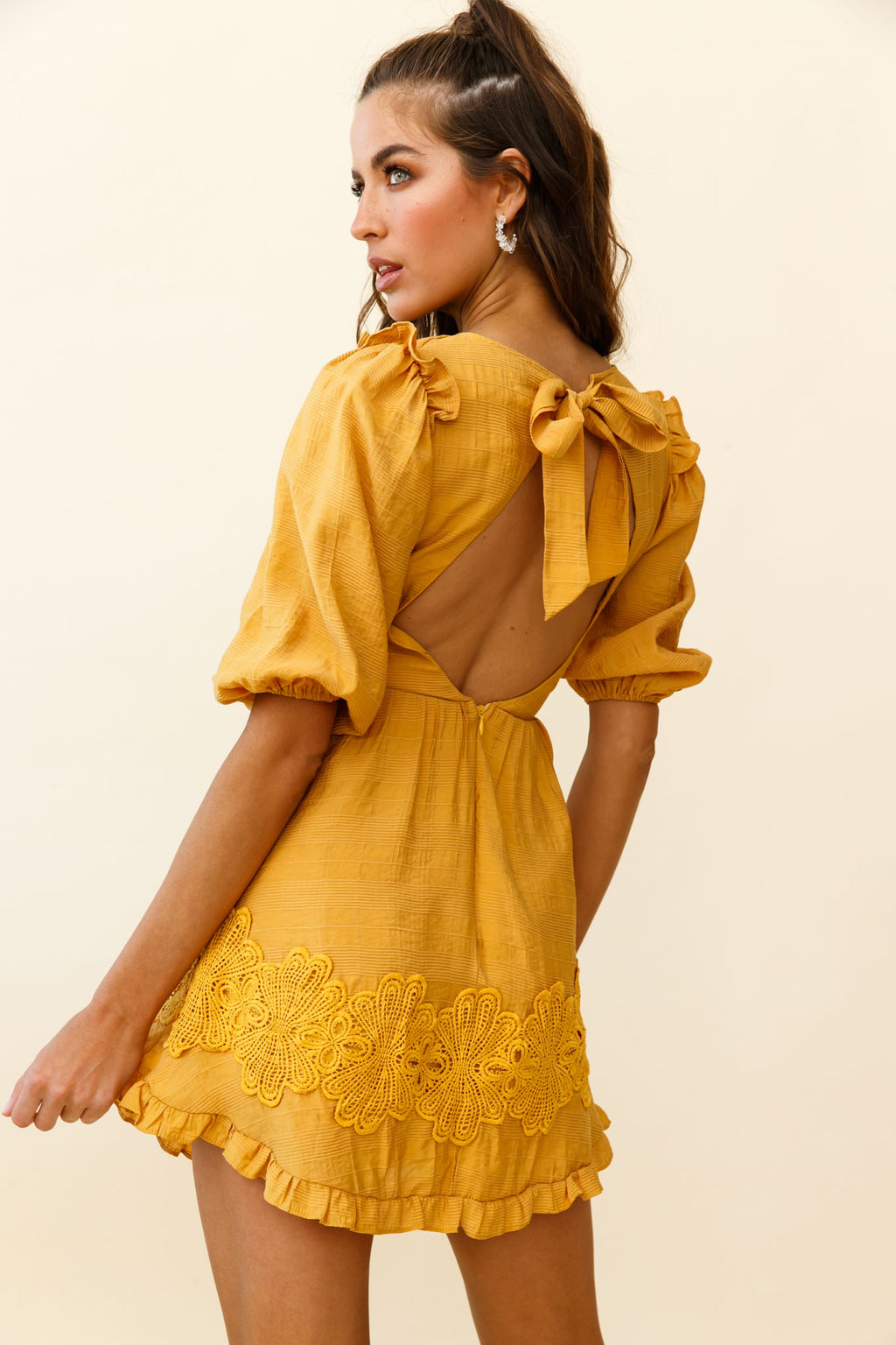 Sunday Morning Applique Embellished Open Back Dress Yellow by Selfie Leslie