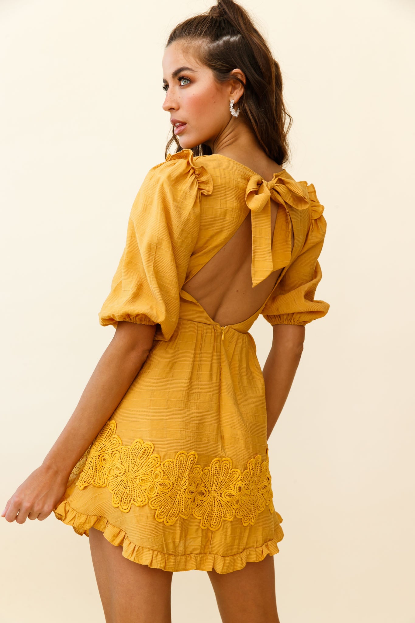 Sunday Morning Applique Embellished Open Back Dress Yellow by Selfie Leslie