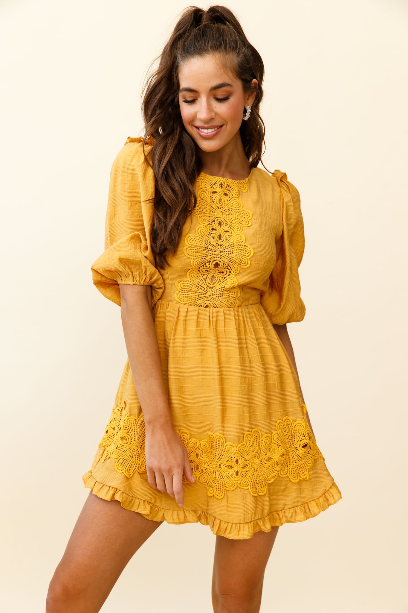 Sunday Morning Applique Embellished Open Back Dress Yellow by Selfie Leslie