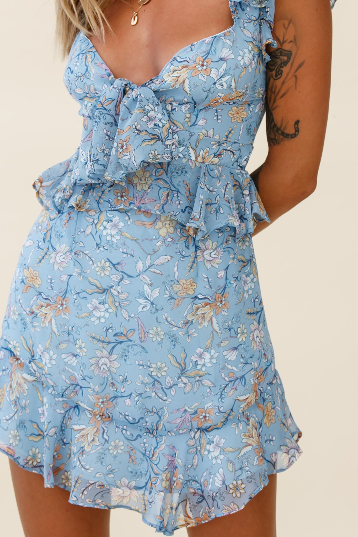 Say That Again Bust Tie Ruffle Trim Dress Floral Print Blue by Selfie Leslie