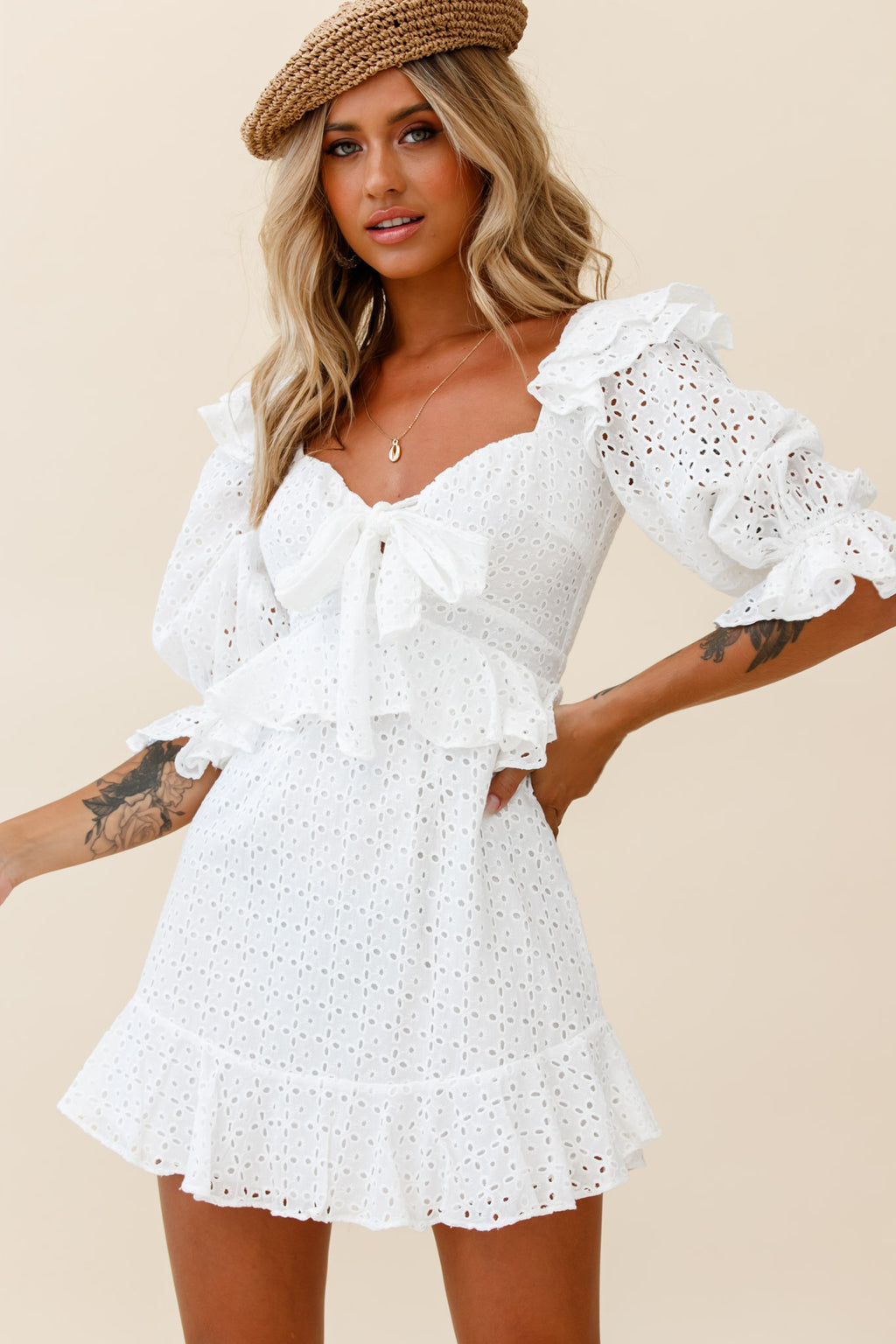 Say That Again Bust Tie Ruffle Trim Dress White by Selfie Leslie