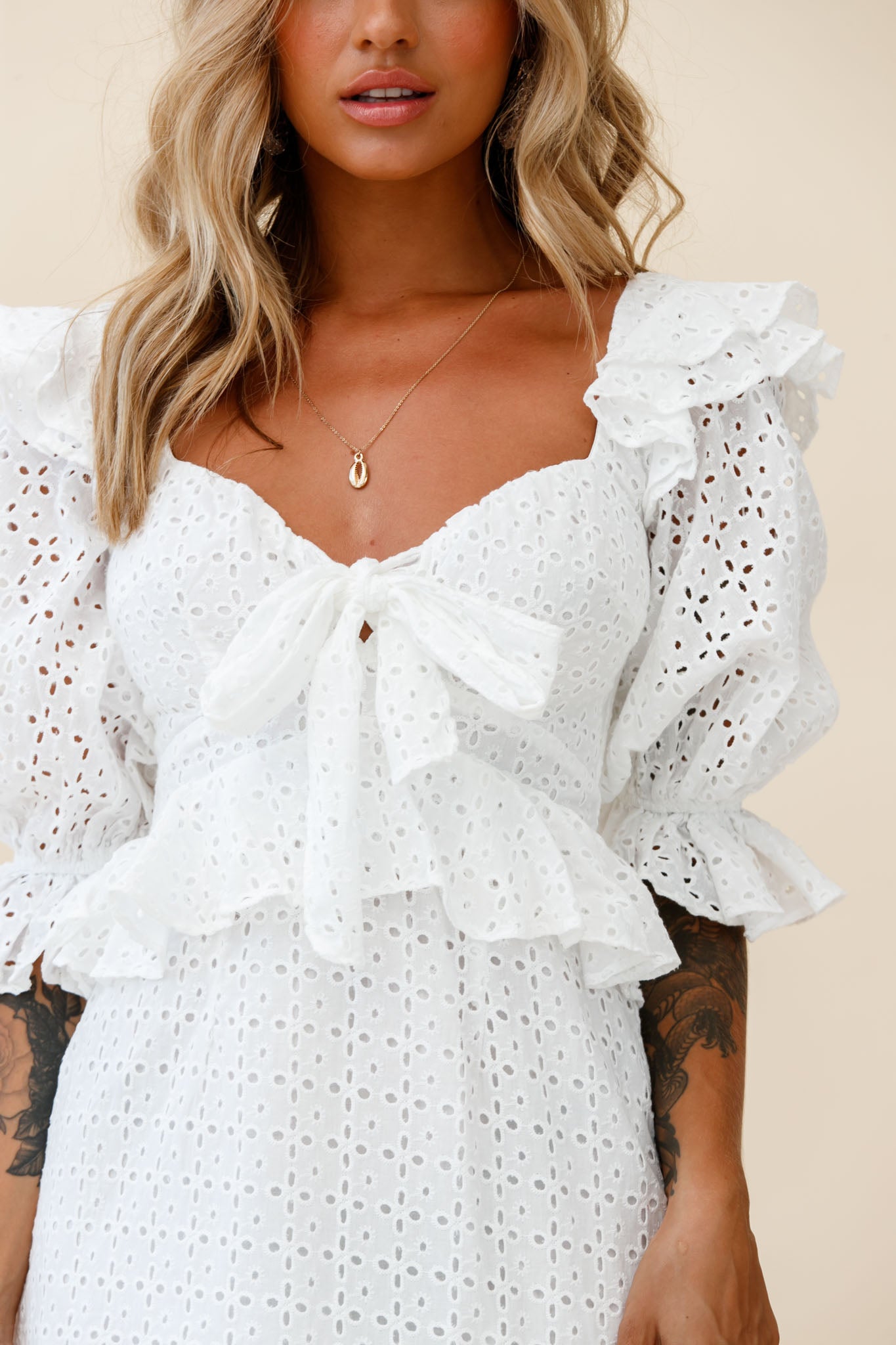 Say That Again Bust Tie Ruffle Trim Dress White by Selfie Leslie