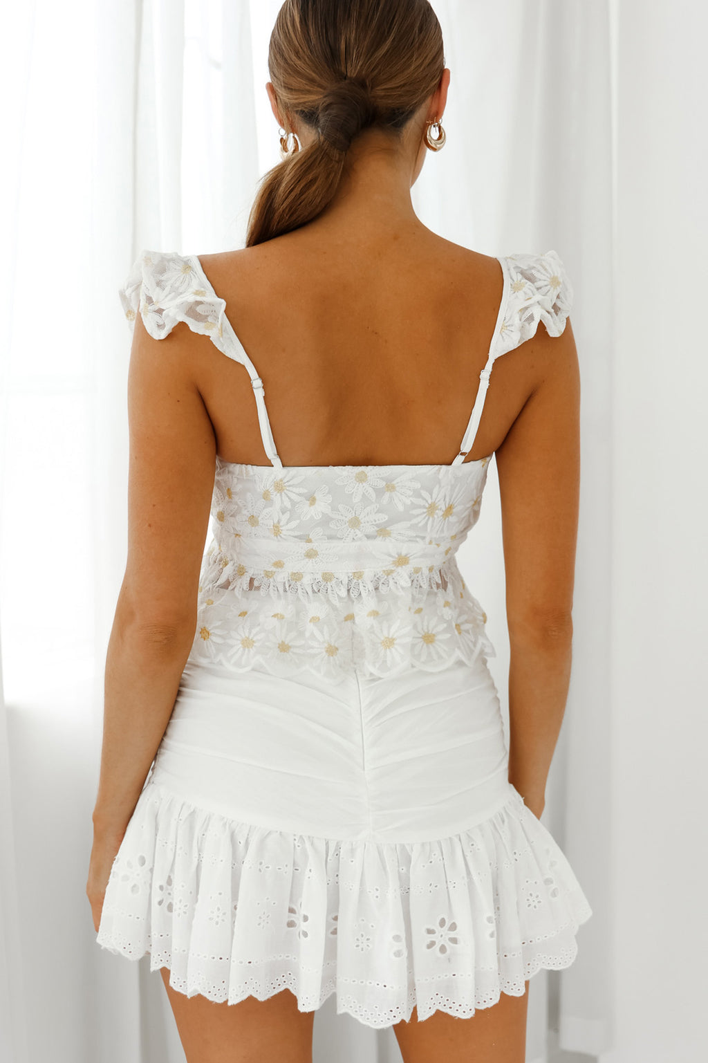 Say That Again Ruffle Shoulder Tied Bust Crop Top White Daisy by Selfie Leslie