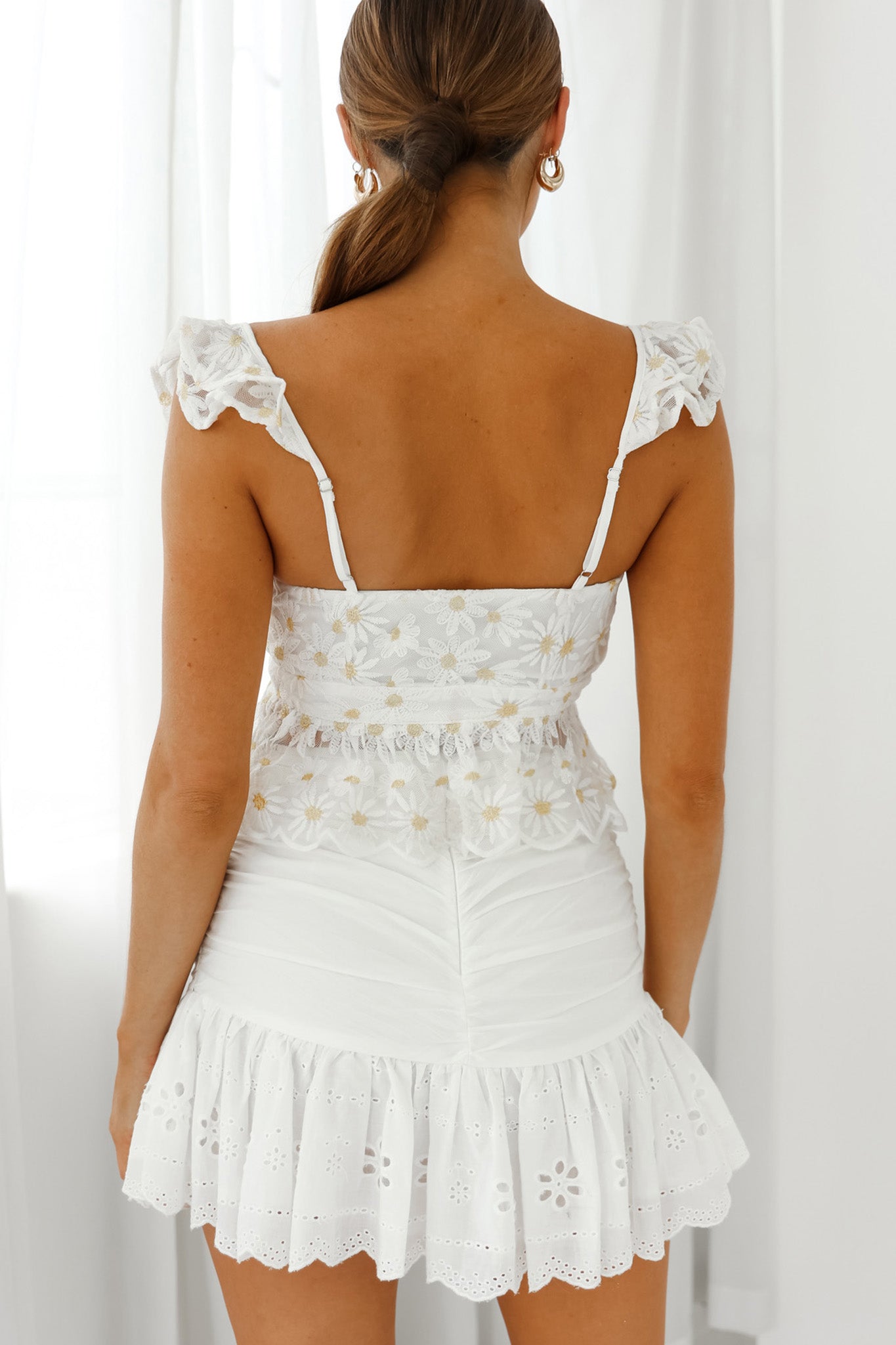 Say That Again Ruffle Shoulder Tied Bust Crop Top White Daisy by Selfie Leslie