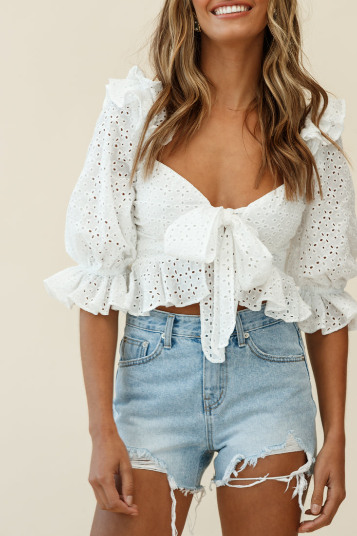 Say That Again Puff Sleeve Broderie Anglaise Crop Top White by Selfie Leslie