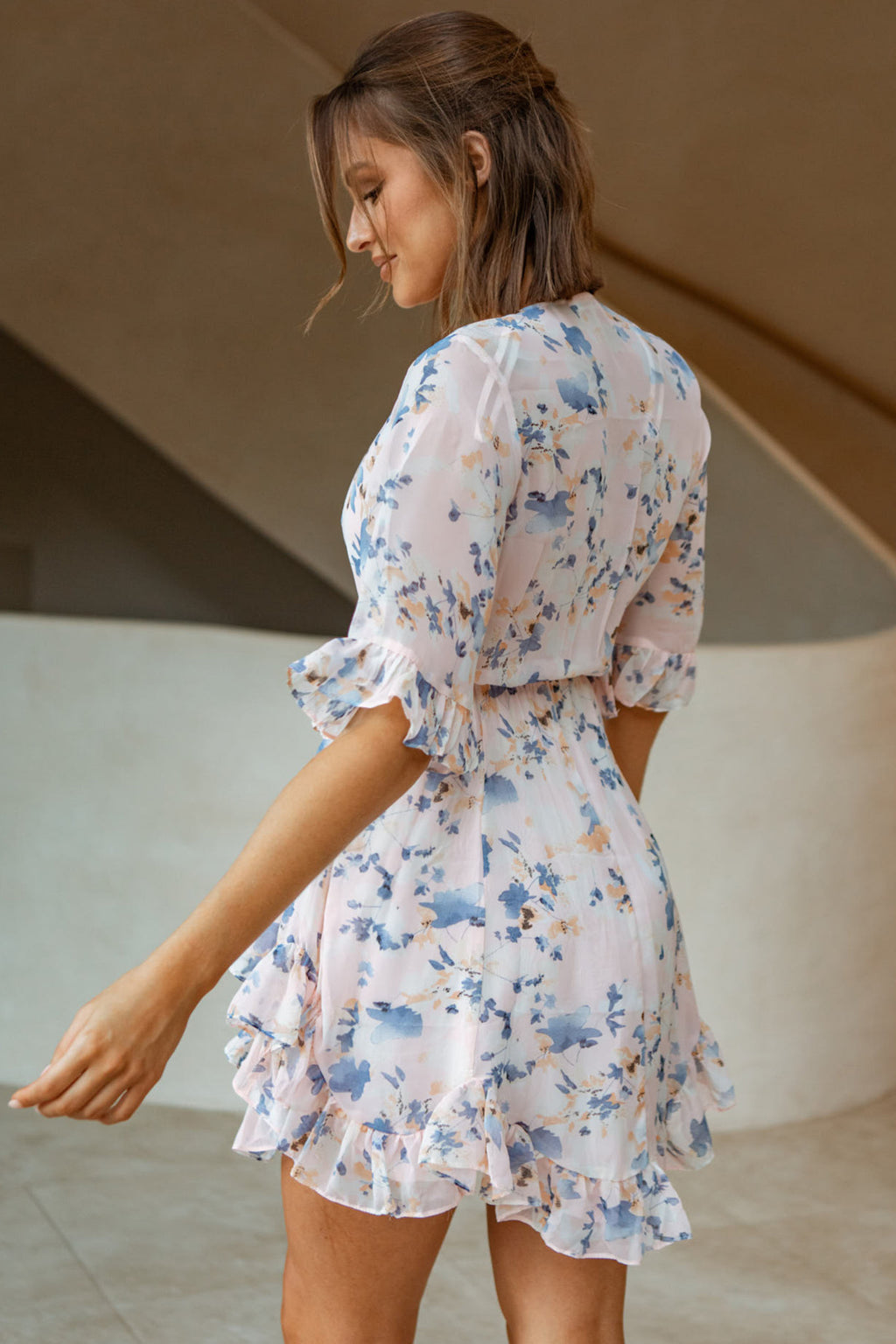 El Cerrito Flared Sleeve Godet Hem Dress Floral Print Pink by Selfie Leslie