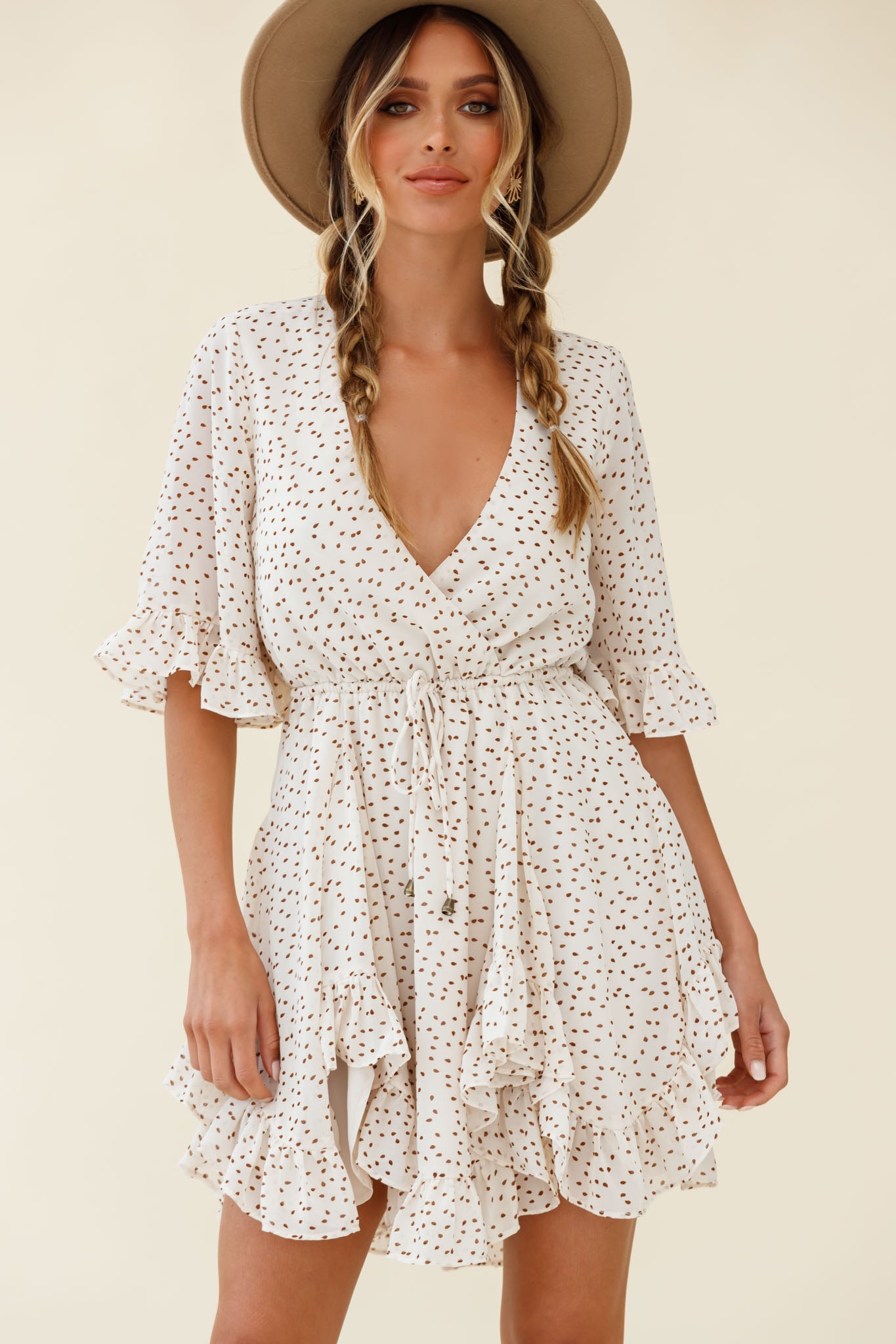 El Cerrito Flared Sleeve Godet Hem Dress Speckle Print Beige by Selfie Leslie