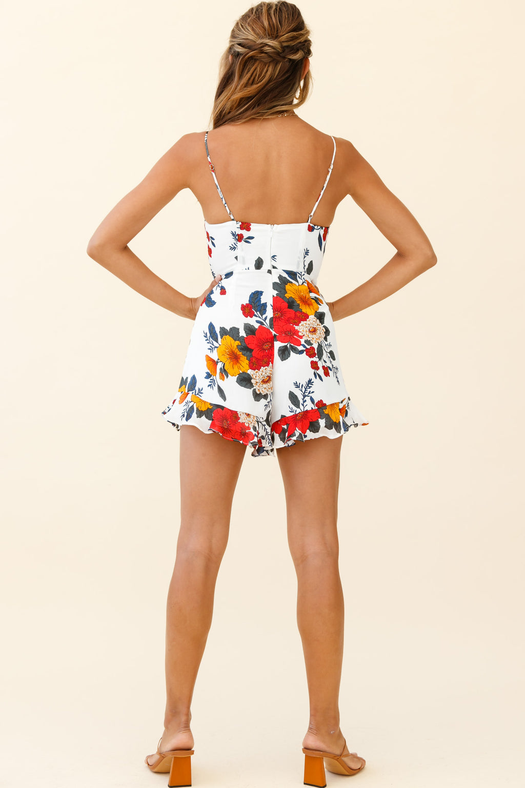 Janie Ruched Bust Ruffle Hem Romper Floral Bouquet Print White by Selfie Leslie