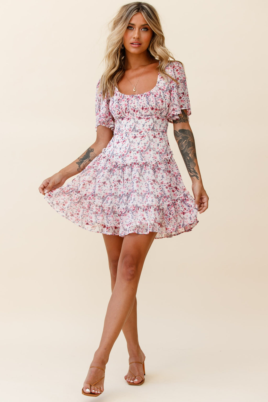Stolen Moments Angel Sleeve Ruffle Dress Floral Print Pink Multi by Selfie Leslie