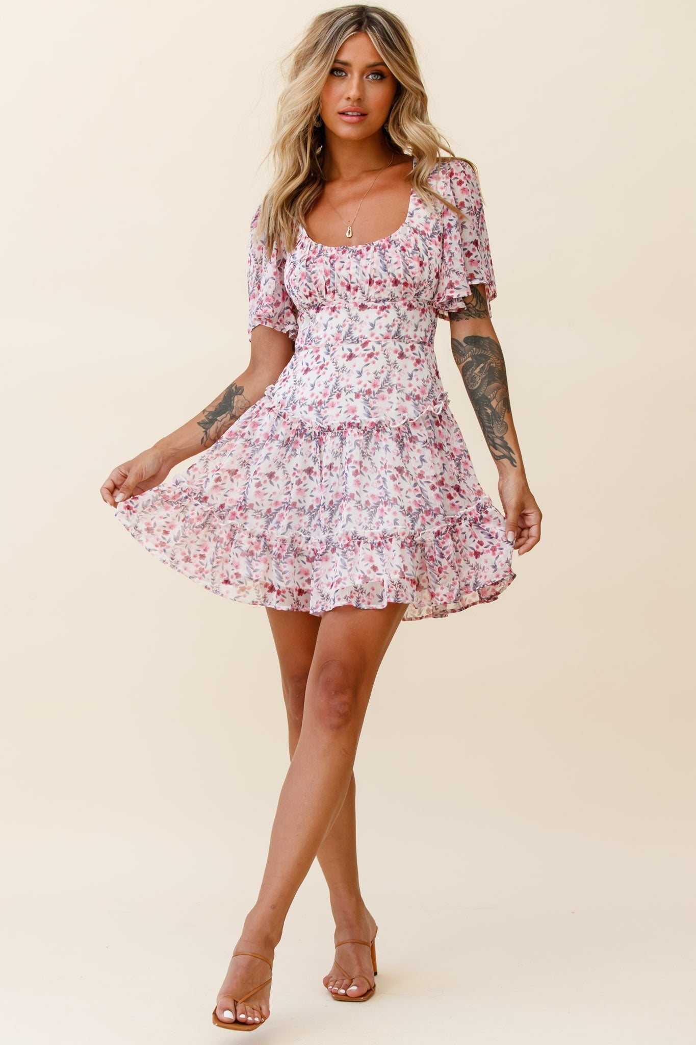 Stolen Moments Angel Sleeve Ruffle Dress Floral Print Pink Multi by Selfie Leslie