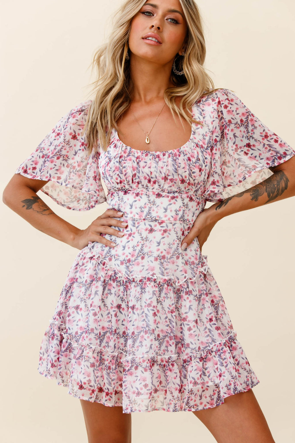 Stolen Moments Angel Sleeve Ruffle Dress Floral Print Pink Multi by Selfie Leslie