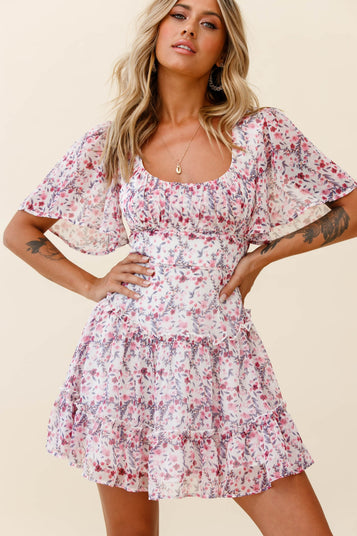 Shop the Stolen Moments Angel Sleeve Ruffle Dress Floral Print Pink ...