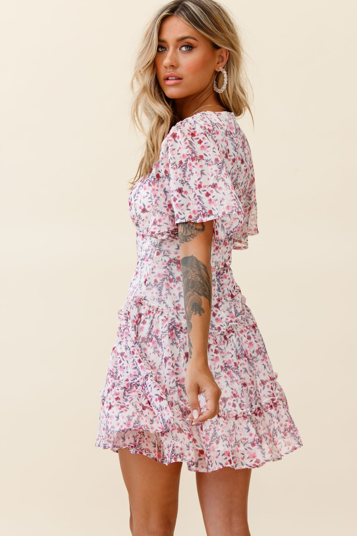 Stolen Moments Angel Sleeve Ruffle Dress Floral Print Pink Multi by Selfie Leslie