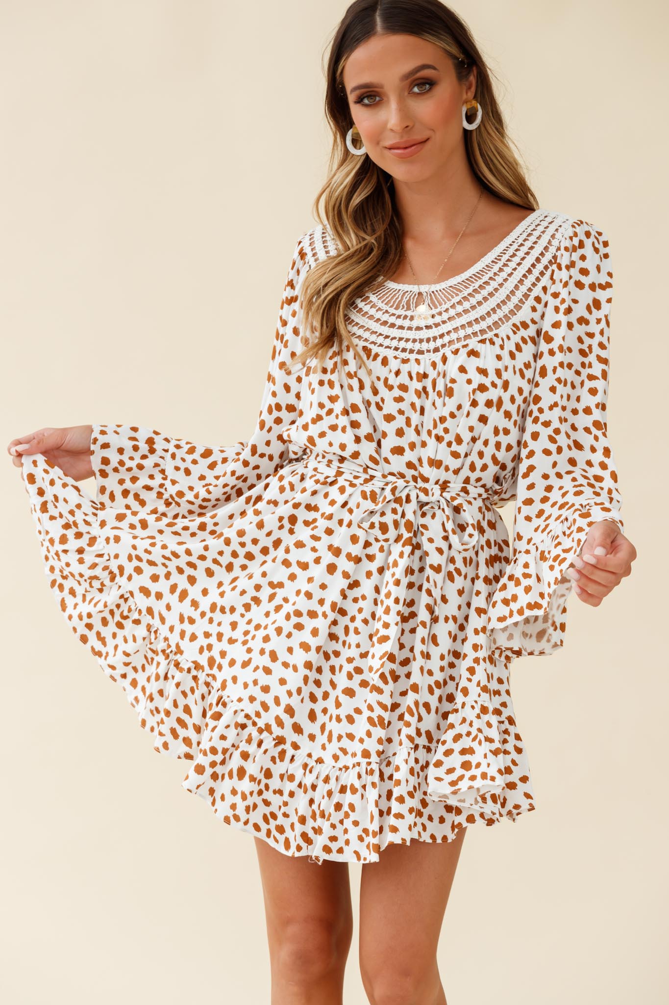 Turn Back Time Long Sleeve Crochet Neckline Dress Animal Print White/Brown by Selfie Leslie
