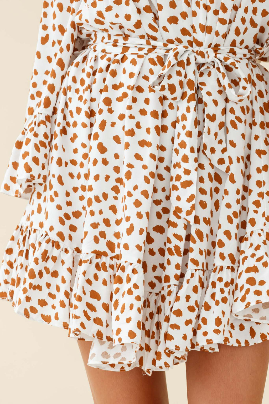 Turn Back Time Long Sleeve Crochet Neckline Dress Animal Print White/Brown by Selfie Leslie