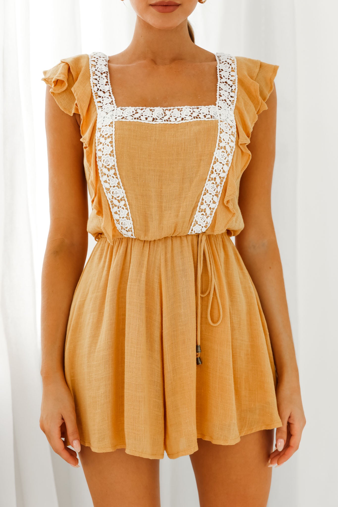 Meet Again Crochet Lace Trim Tie-Up Back Romper Mustard by Selfie Leslie
