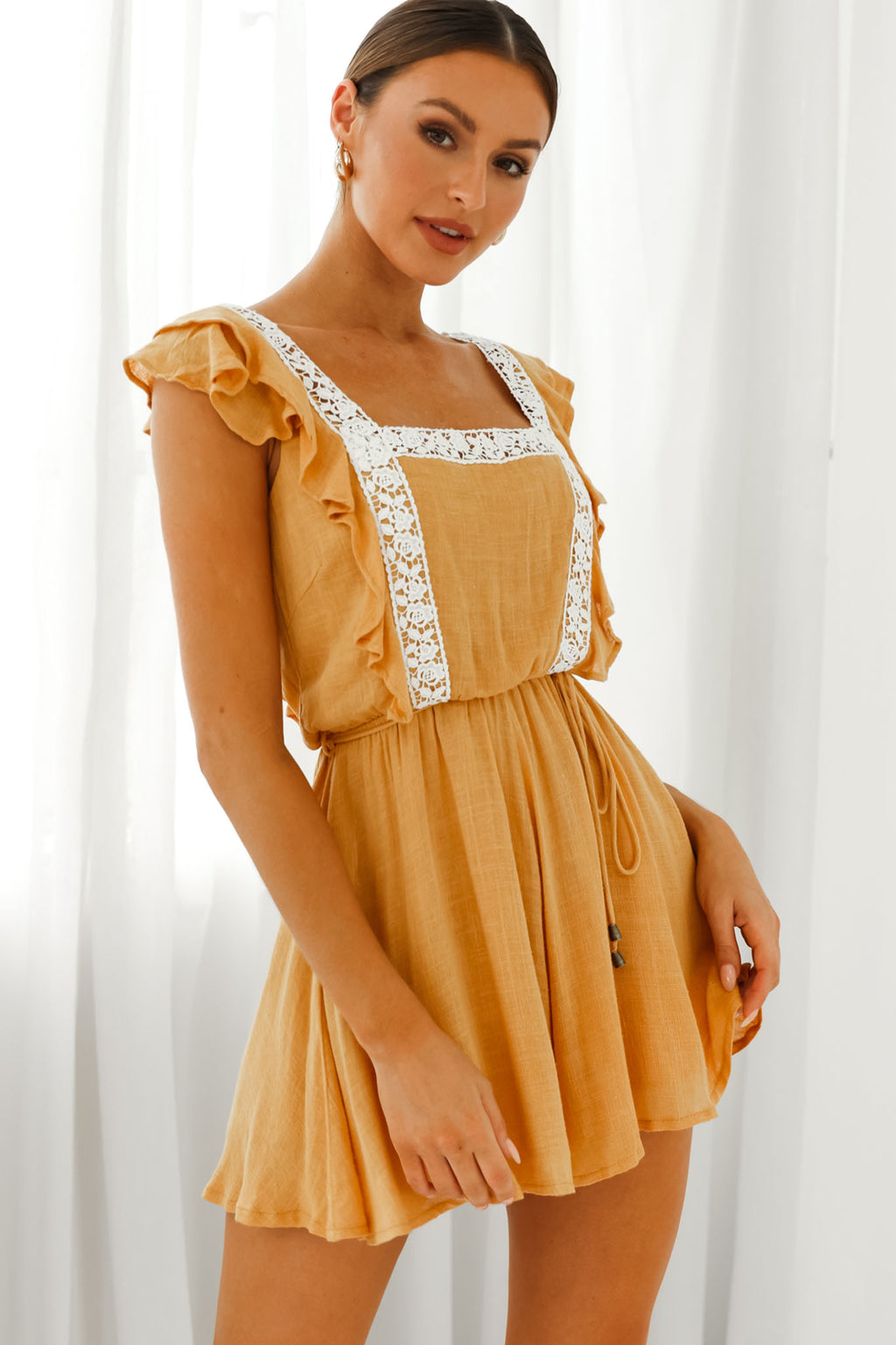 Meet Again Crochet Lace Trim Tie-Up Back Romper Mustard by Selfie Leslie