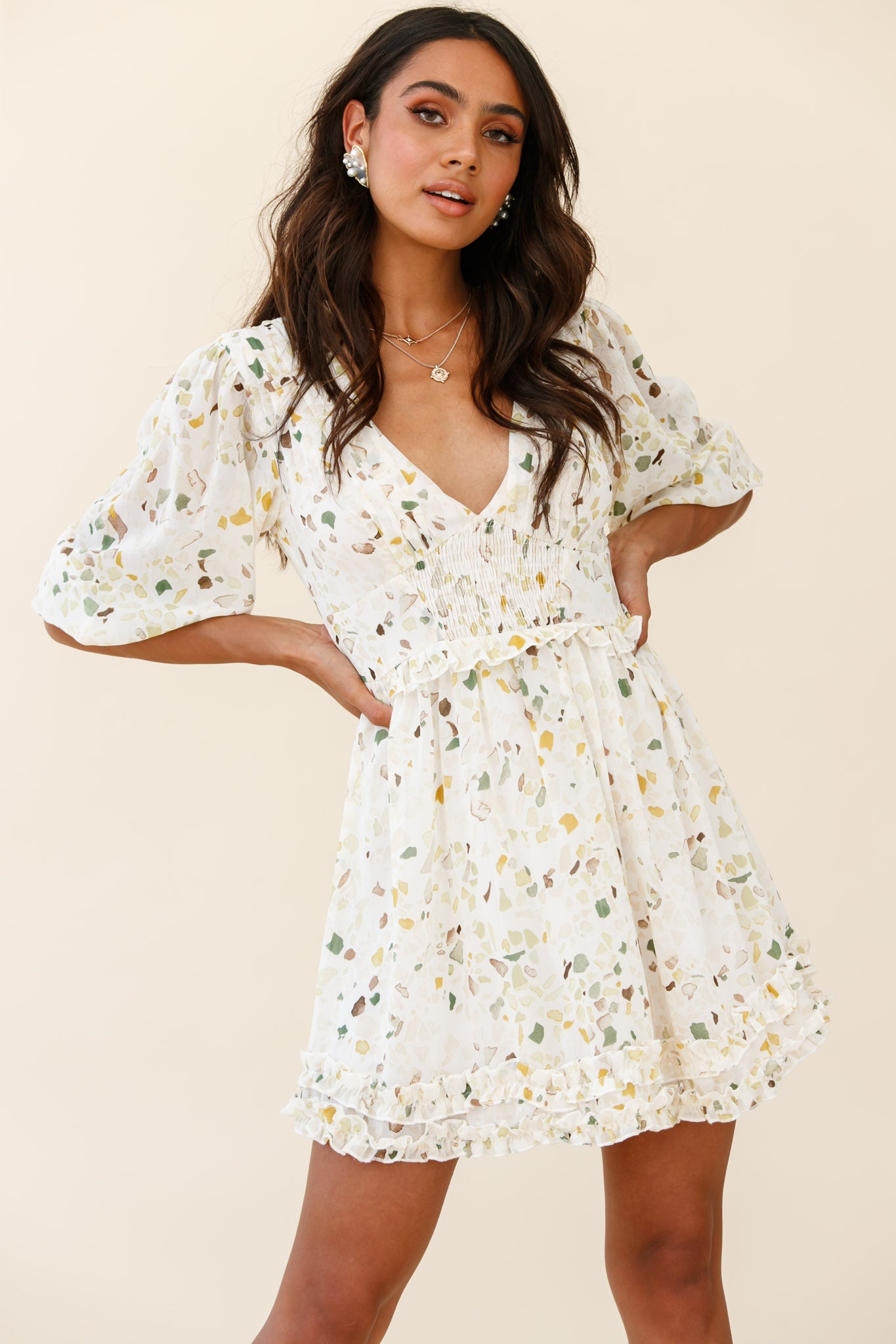 Born Free Shirring Detail Frill Trim Dress Green Multi by Selfie Leslie