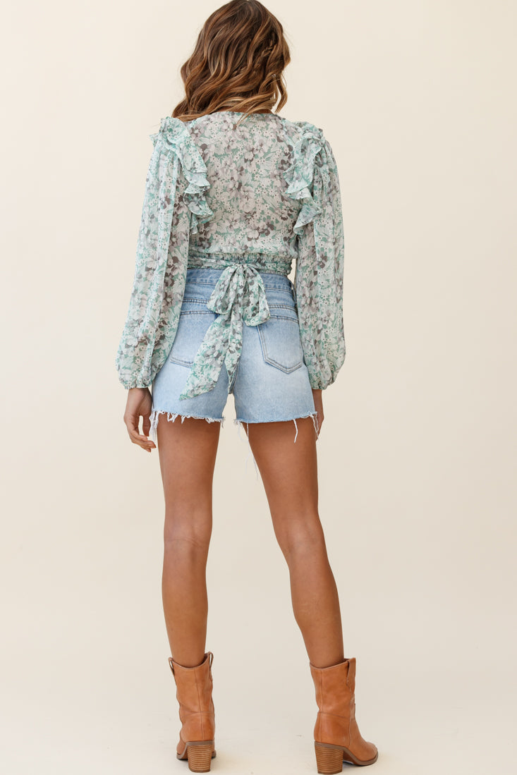 Hello, Dolly! Long Sleeve Waist Tie Crop Top Floral Print Green by Selfie Leslie