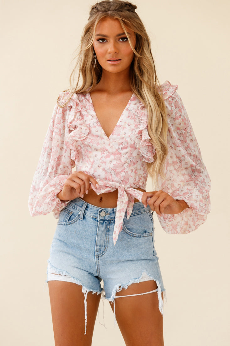 Hello, Dolly! Long Sleeve Waist Tie Crop Top Floral Print Pink by Selfie Leslie