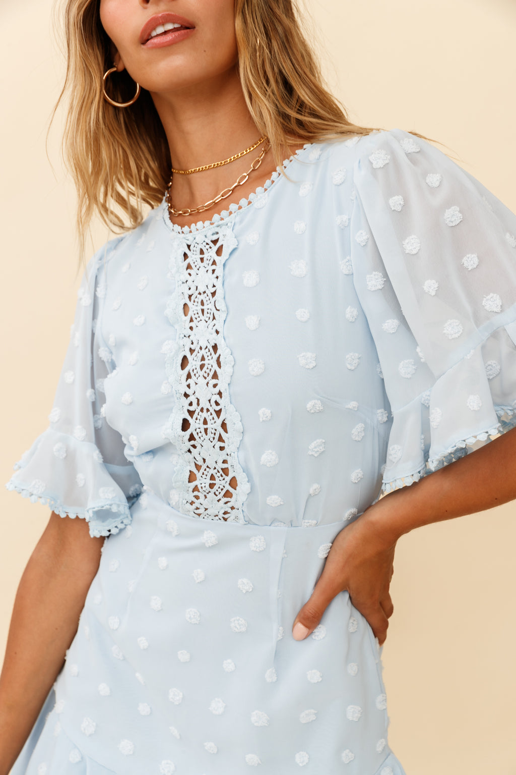 Afternoon Delight Crochet Bust Accent Open Back Dress Baby Blue by Selfie Leslie