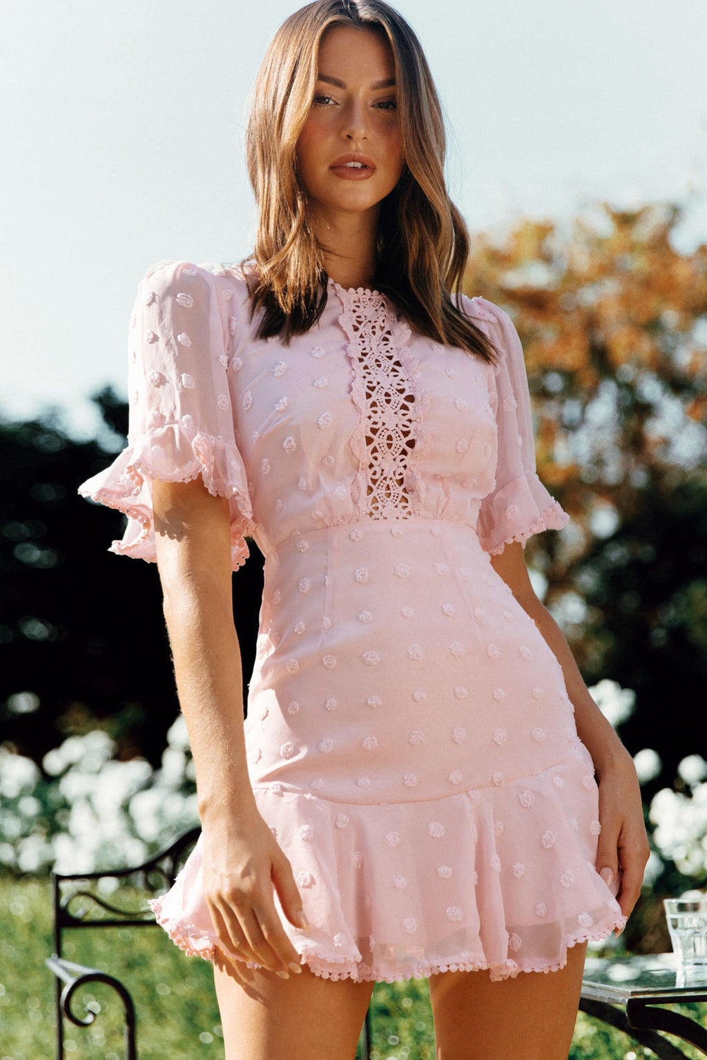 Afternoon Delight Crochet Bust Accent Open Back Dress Pink by Selfie Leslie