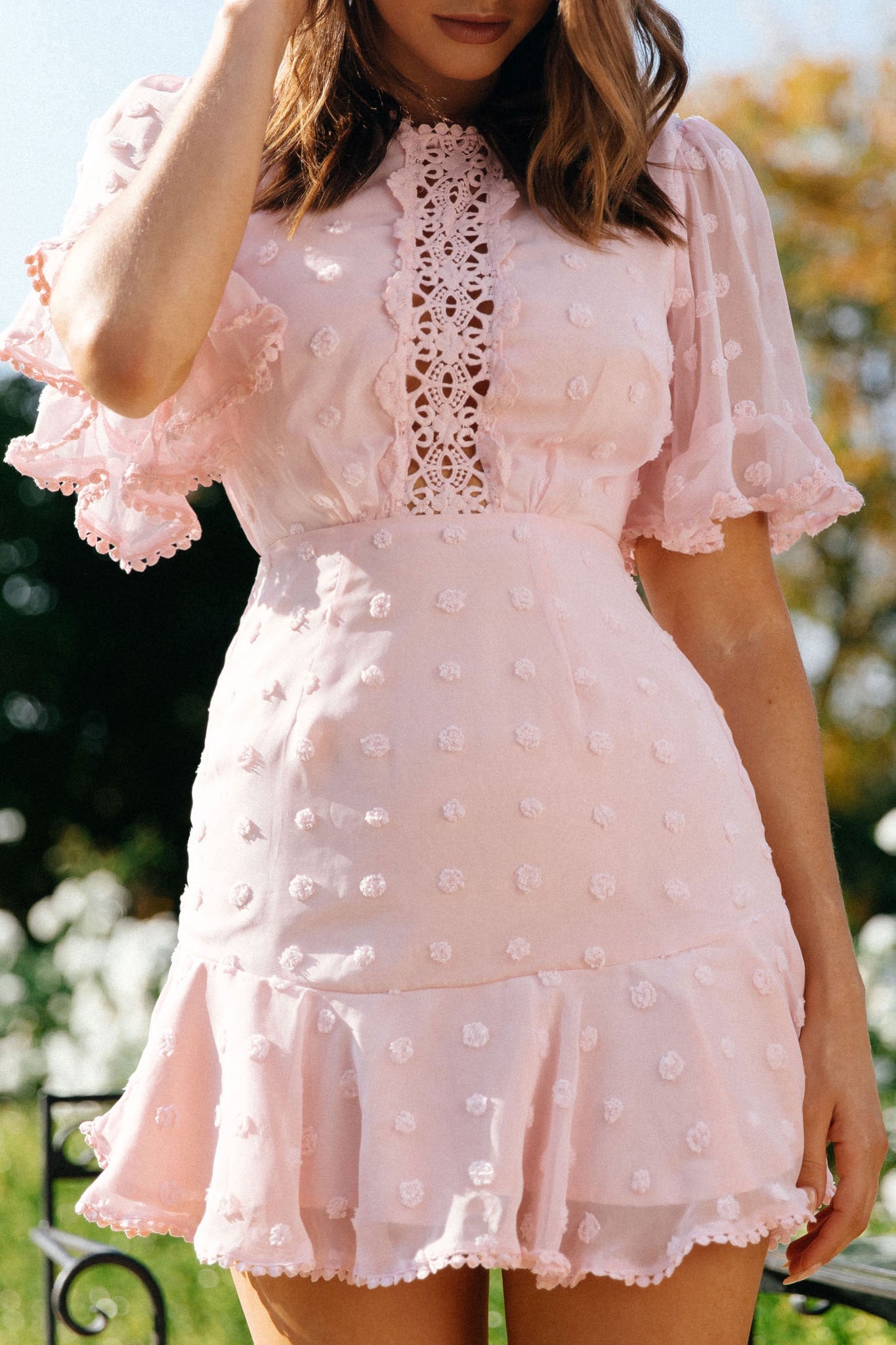 Afternoon Delight Crochet Bust Accent Open Back Dress Pink by Selfie Leslie