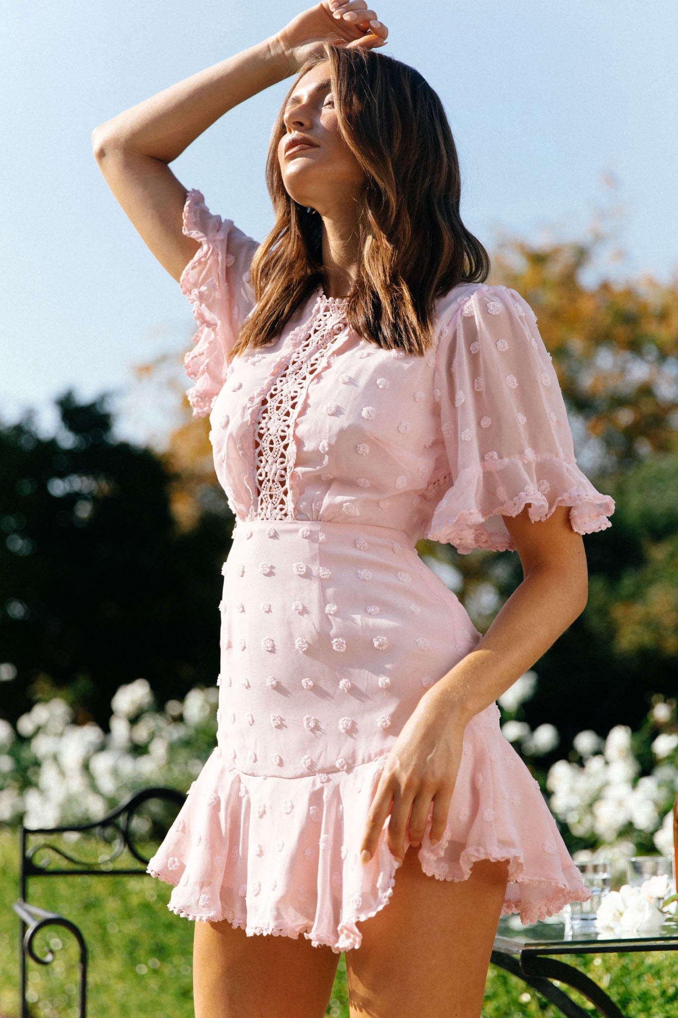 Afternoon Delight Crochet Bust Accent Open Back Dress Pink by Selfie Leslie