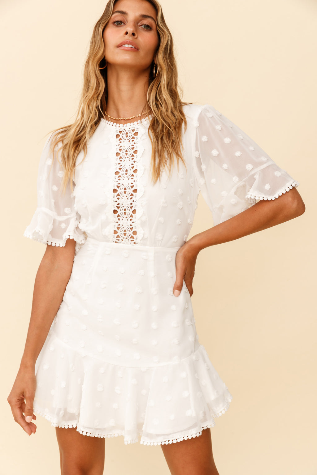 Afternoon Delight Crochet Bust Accent Open Back Dress White by Selfie Leslie