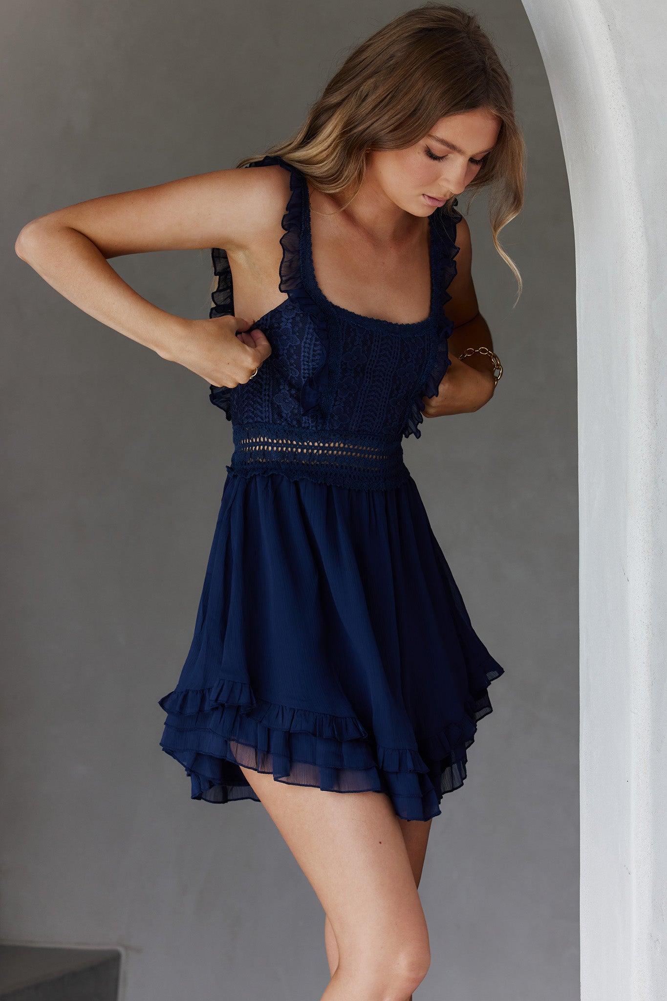 Winnie Lace Bodice Tie-Up Back Dress Navy by Selfie Leslie