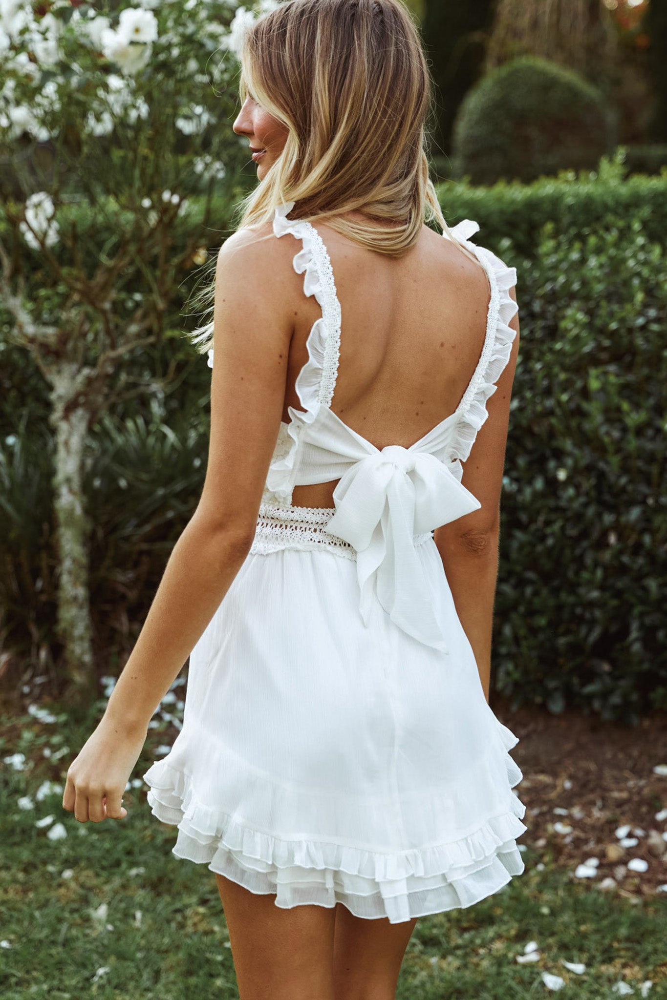 Winnie Lace Bodice Tie-Up Back Dress White Selfie Leslie Winnie Lace Bodice Tie-Up Back Dress White Selfie Leslie