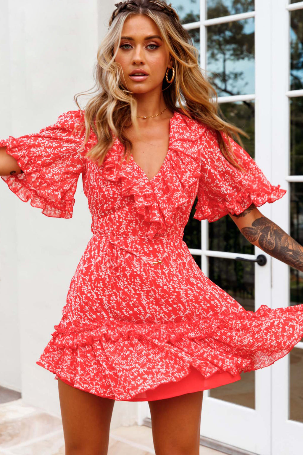 Las Palmas Frill Trim Keyhole Back Dress Floral Print Red. by Selfie Leslie