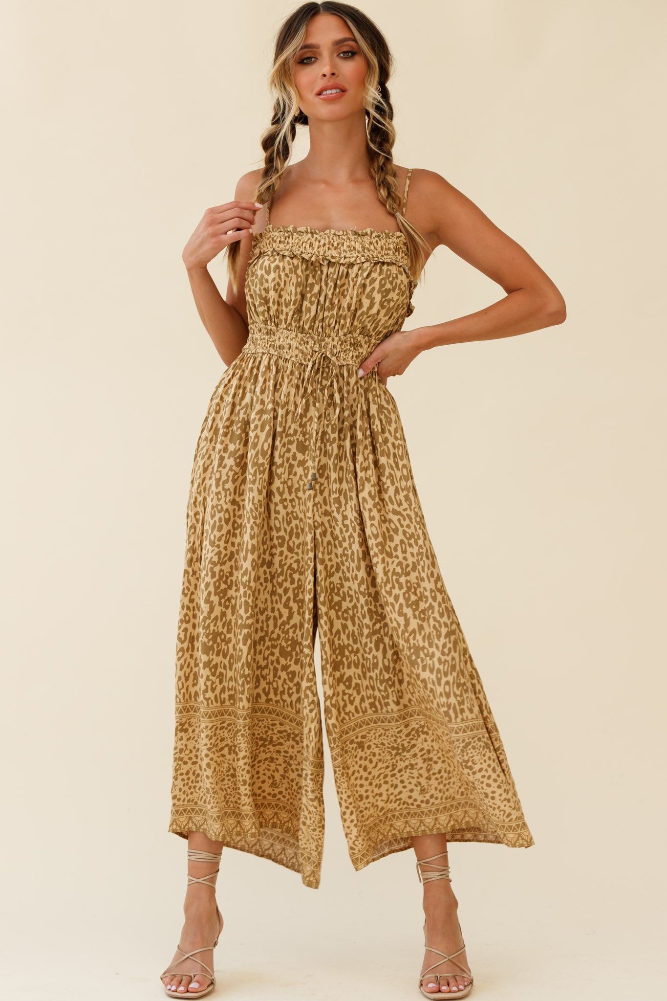 Weekend Escape Cami Strap Drawstring Jumpsuit Animal Print Khaki by Selfie Leslie