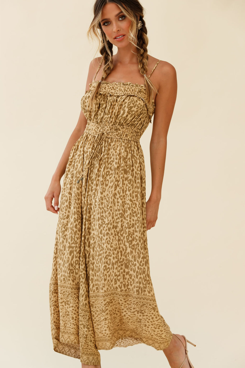 Weekend Escape Cami Strap Drawstring Jumpsuit Animal Print Khaki by Selfie Leslie