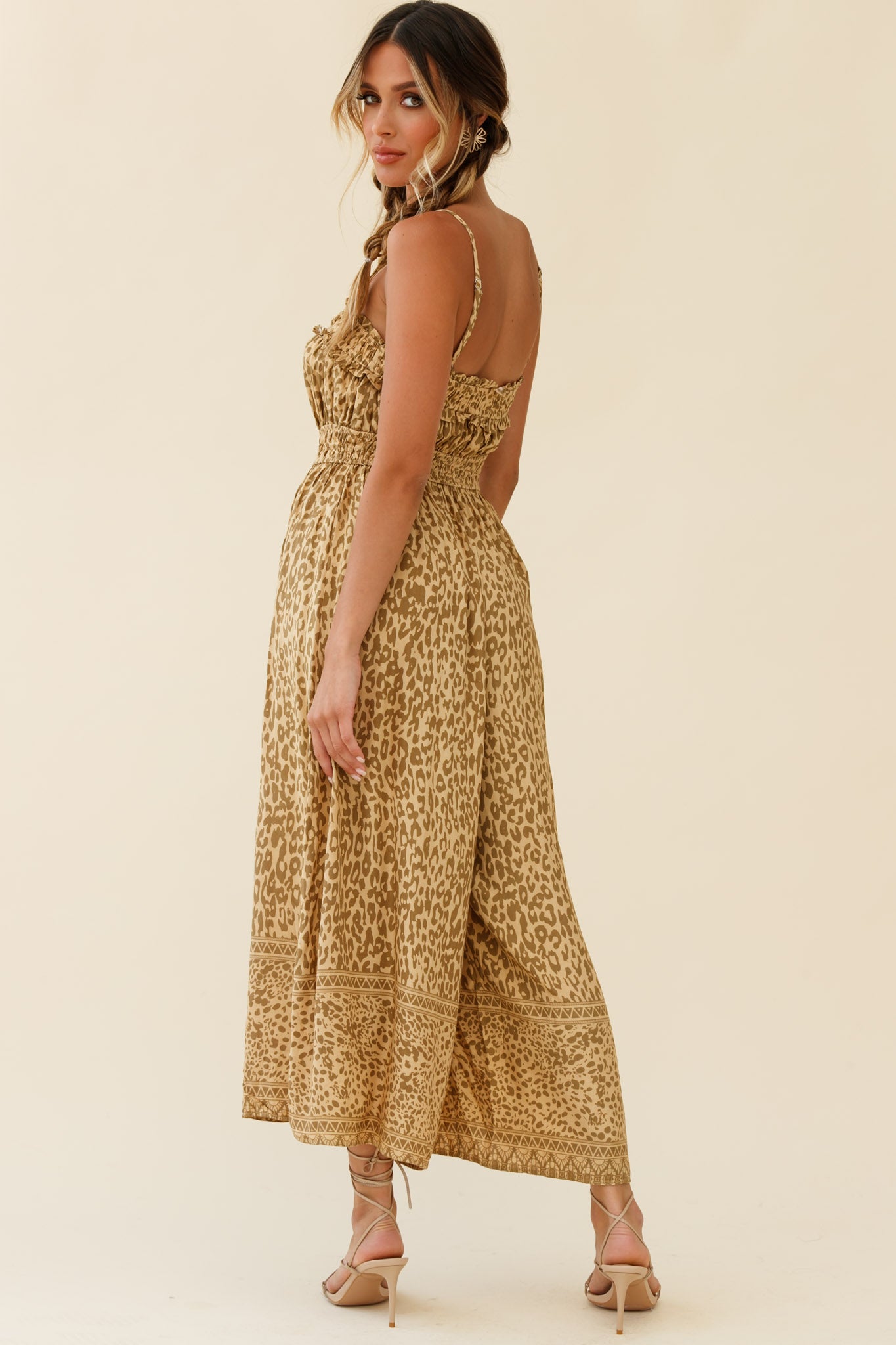 Weekend Escape Cami Strap Drawstring Jumpsuit Animal Print Khaki by Selfie Leslie