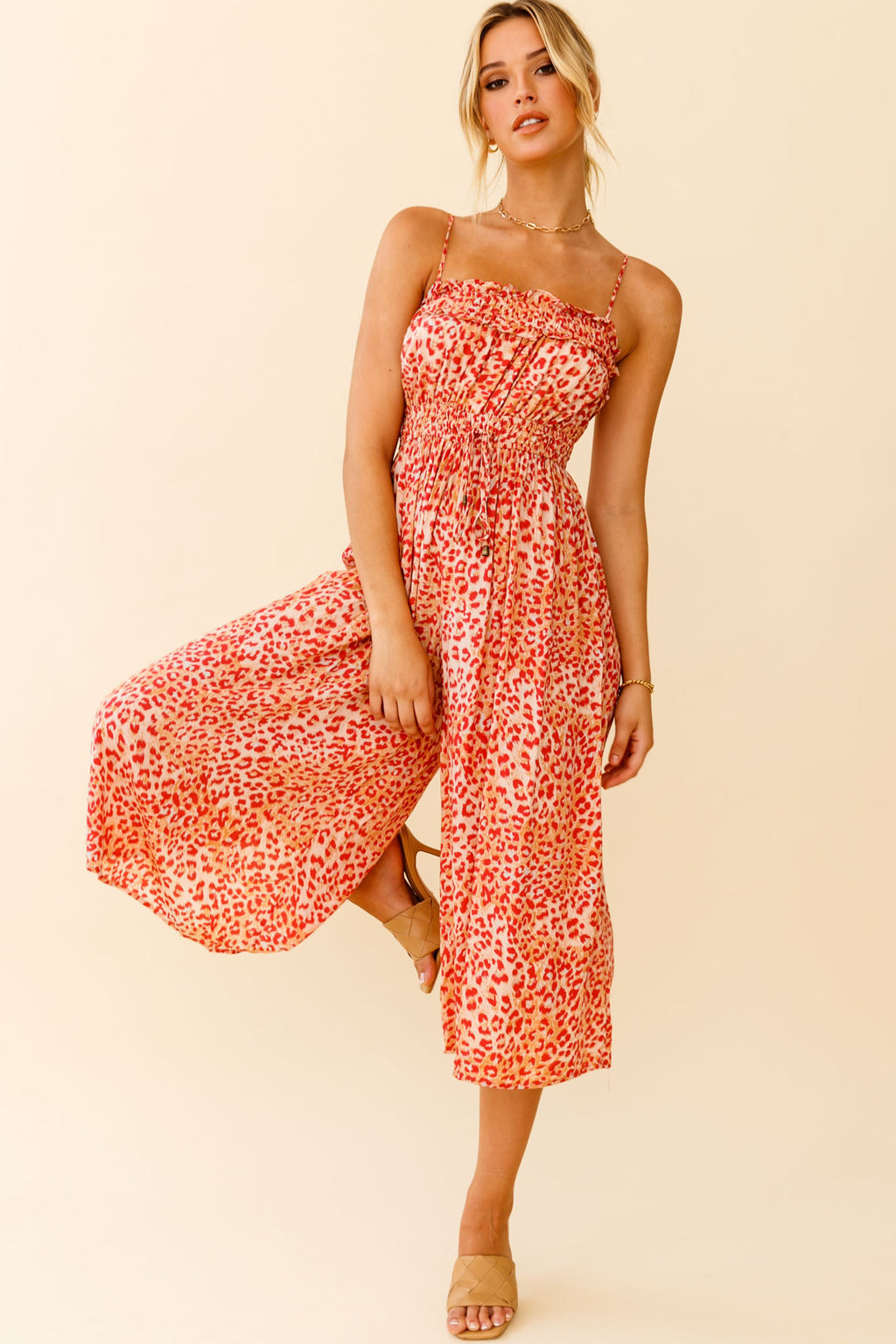 Weekend Escape Cami Strap Drawstring Jumpsuit Animal Print Orange by Selfie Leslie