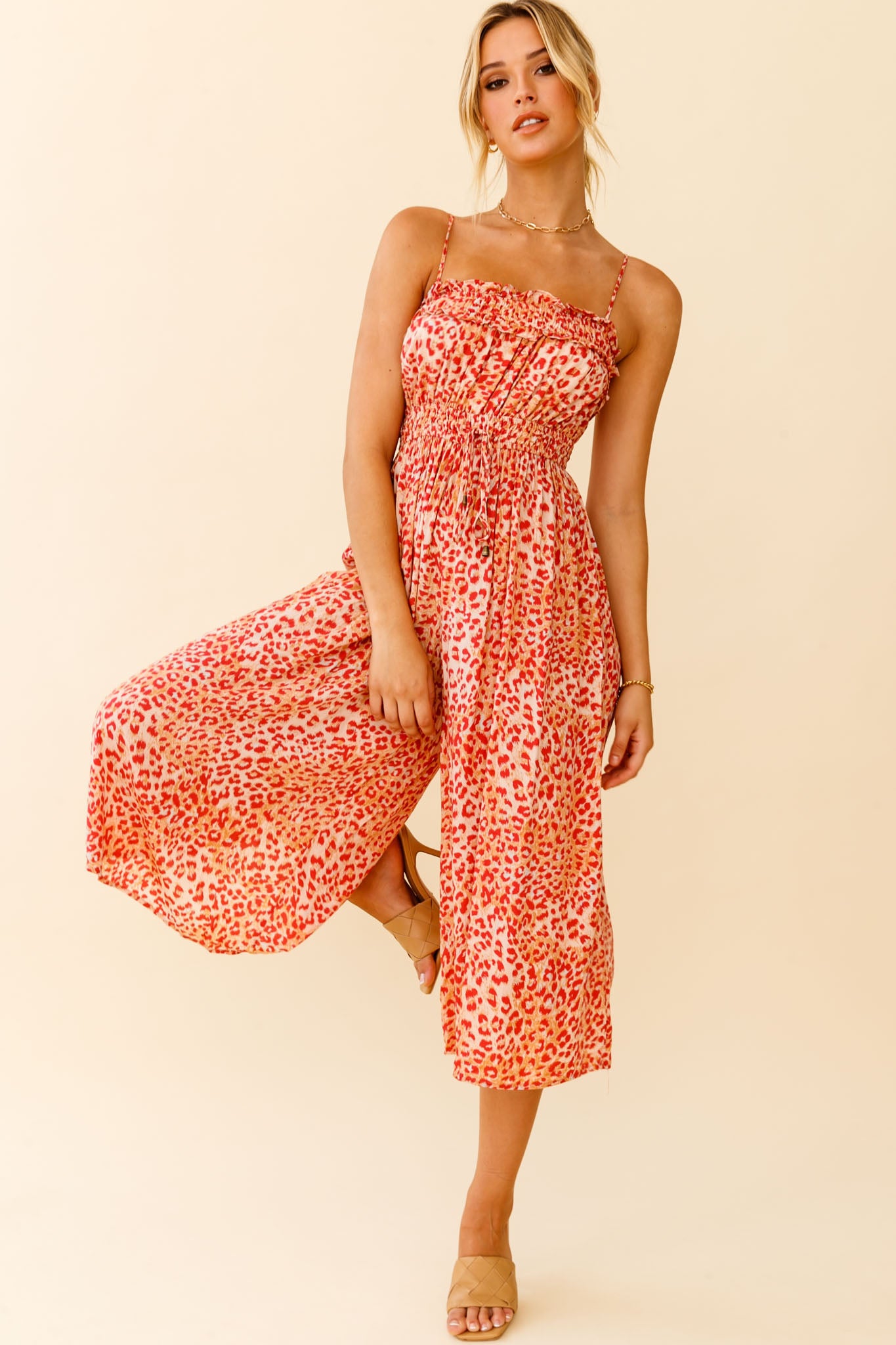 Weekend Escape Cami Strap Drawstring Jumpsuit Animal Print Orange by Selfie Leslie