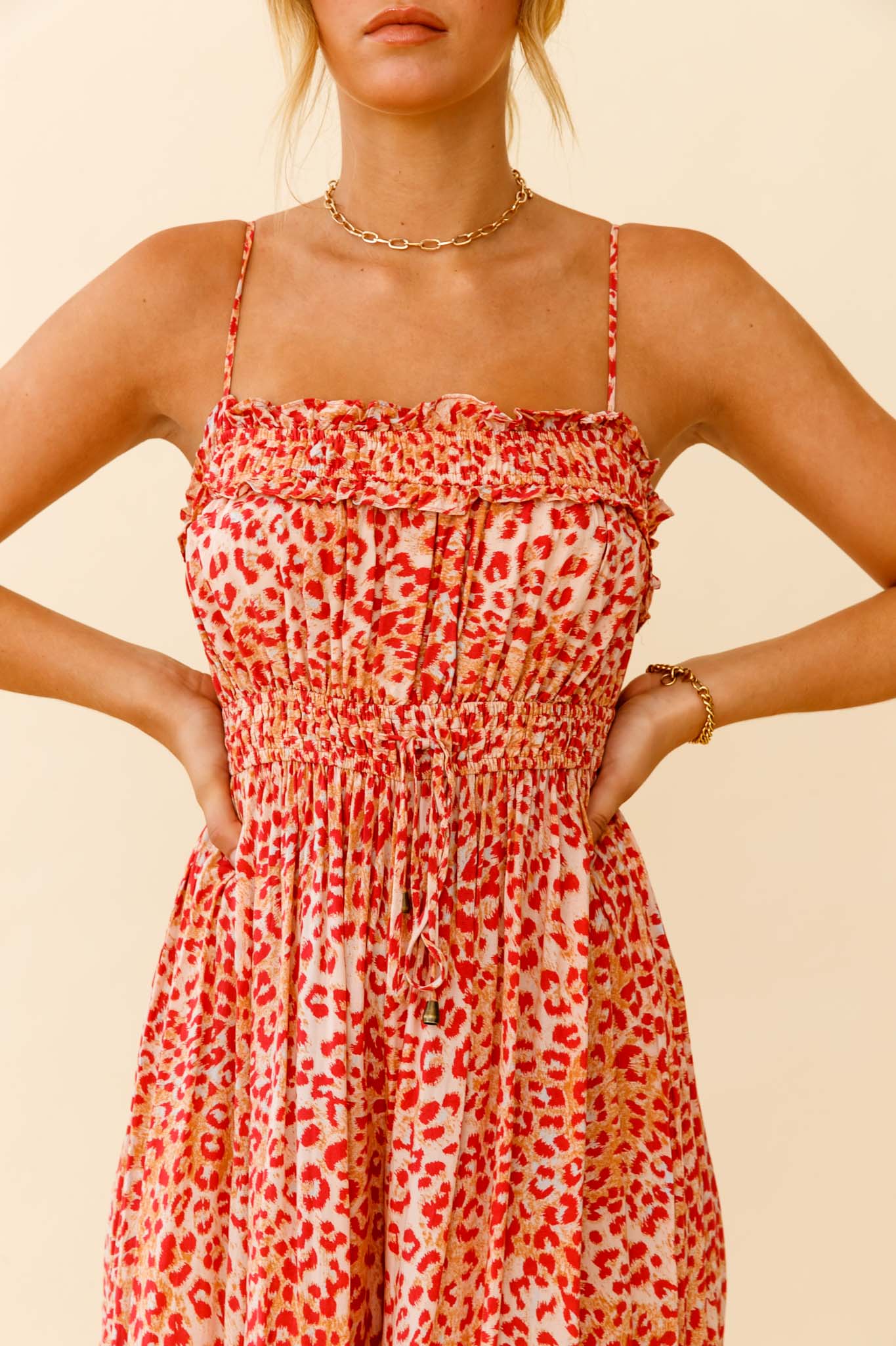 Weekend Escape Cami Strap Drawstring Jumpsuit Animal Print Orange by Selfie Leslie