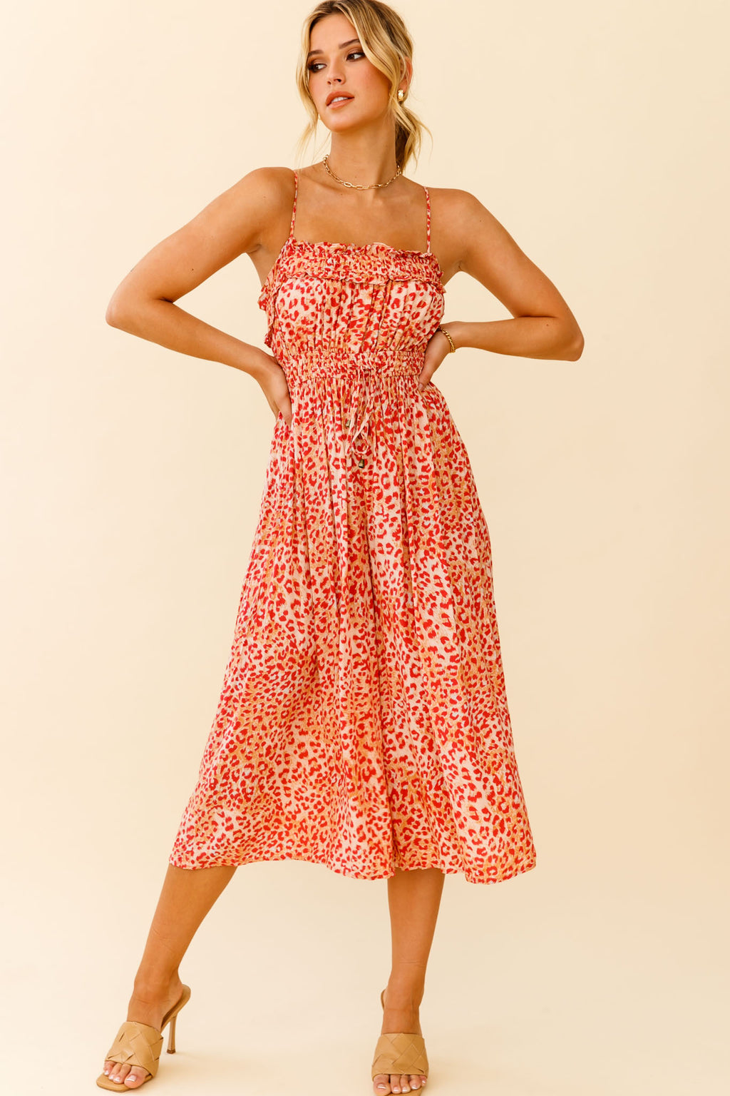 Weekend Escape Cami Strap Drawstring Jumpsuit Animal Print Orange by Selfie Leslie