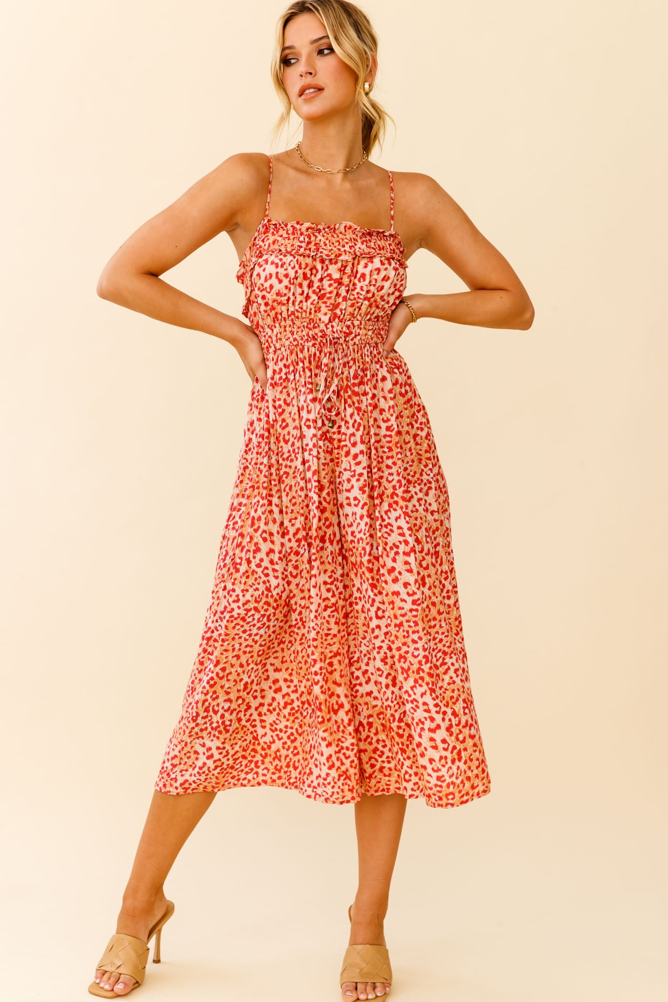 Weekend Escape Cami Strap Drawstring Jumpsuit Animal Print Orange by Selfie Leslie