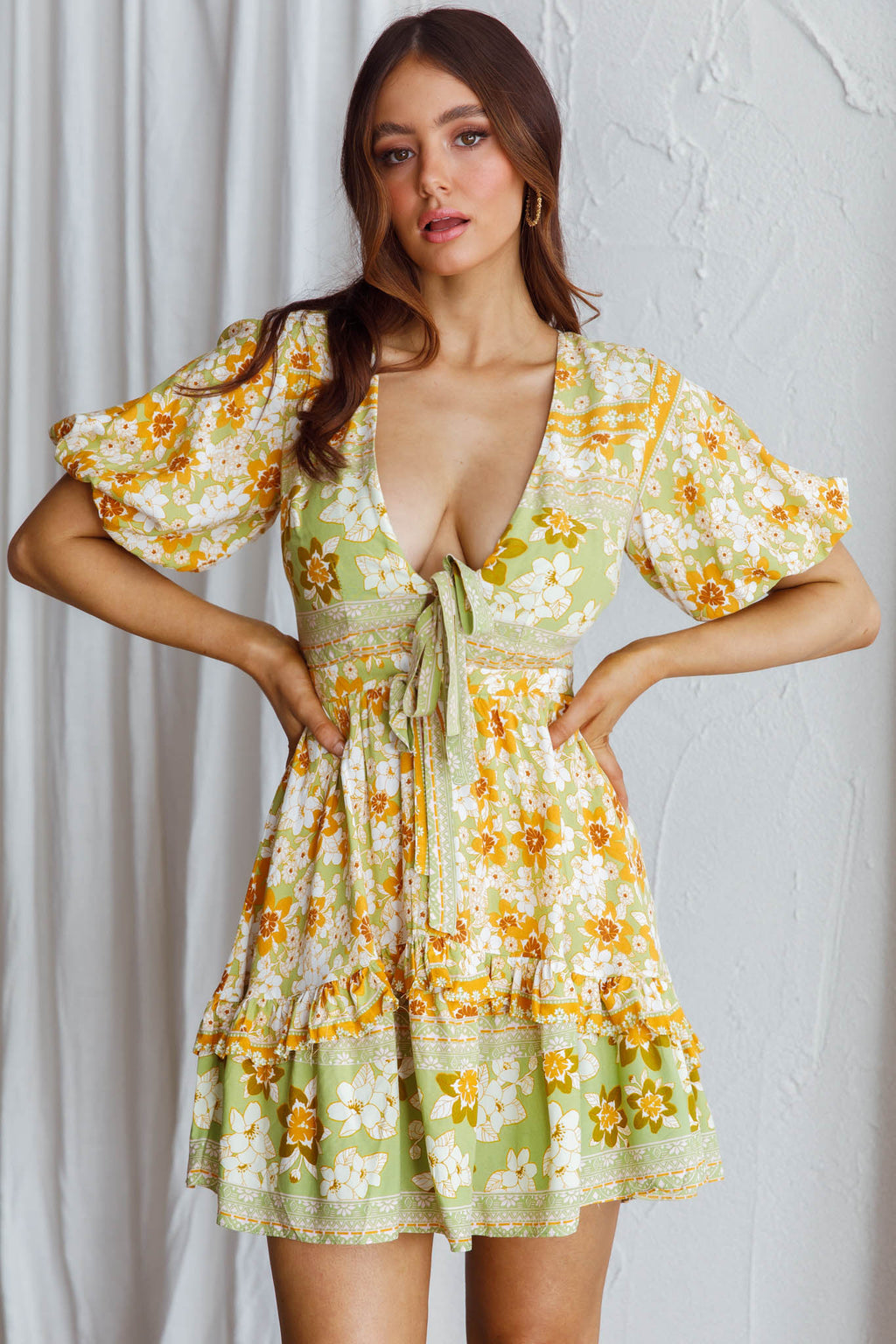 Rosy Tied Bust Mini Dress Floral Apple/Yellow by Selfie Leslie